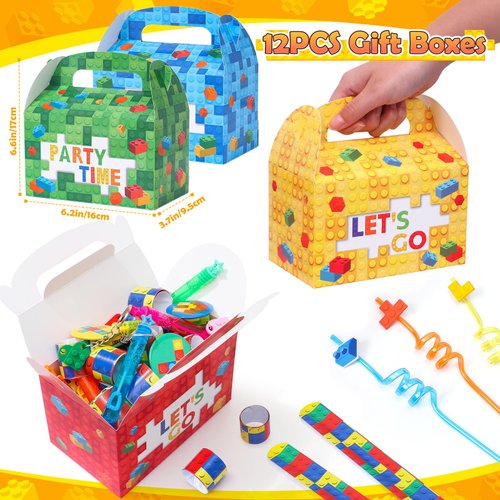 SNLN Building Blocks Party Favors Birthday Supplies for Kids, Gift Box Straw Mini Bubble Wand Button Pin Slap Bracelet Keychain, Goody Bag Stuffer Filler Girls Boys Game Carnival Classroom Prize Decor