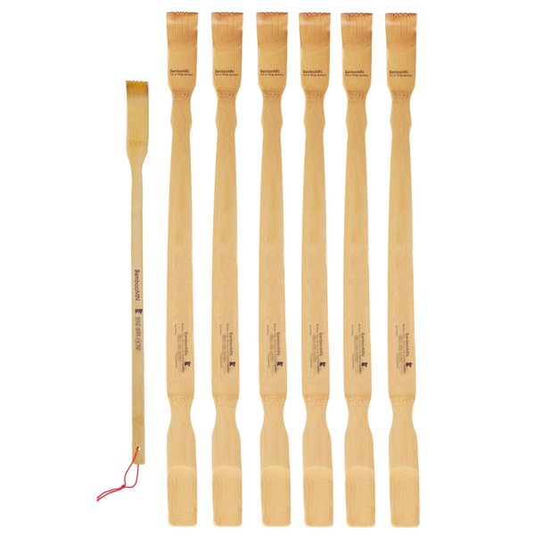 BambooMN 6 Pieces 25 Inch Bamboo Backscratcher Shoehorn and 1 Piece Travel Size Back Scratcher, 7 Pieces Total