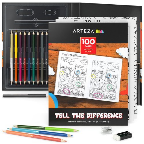 Arteza Kids Activity Book, Spot The Difference Book, Back to School Supplies for Ages 6 and Up, 50 Sheets, 12 Double-Ended Colored Pencils, Black Marker, Eraser, Sharpener