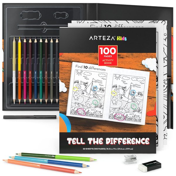 Arteza Kids Activity Book, Spot The Difference Book, Back to School Supplies for Ages 6 and Up, 50 Sheets, 12 Double-Ended Colored Pencils, Black Marker, Eraser, Sharpener