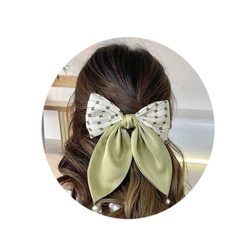 Green Hair Bow Clips for Women French Satin Bow Checkered Hair Clip Barrette for Girls Plaid Bowknot Cute Hair Accessories Hairpin Green and White Hair Bows for Women Girls Christmas Gifts