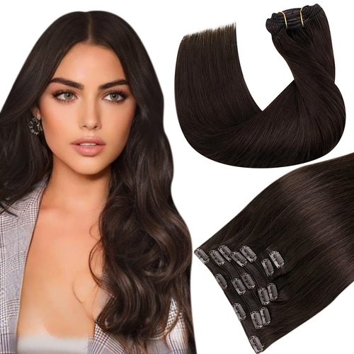 Hetto Brown Human Hair Clip in Extensions #2 Darkest Brown Clip in Hair Extensions Remy Hair Extensions Clip in Human Hair 18 Inch 7pcs 105g+20g