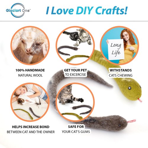 Glaciart One Felt Cat Snake Toy – Soft Fuzzy Enrichment 100% Natural Wool Toy - Interactive Catnip Play Cat Toy Set - Safe for Pets, Non-AZO Colored Dyes - 18” Long