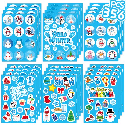 Joy Bang 356 PCS Christmas Winter Stickers for Kids, 24 Sheets Snowflake Penguin Snowman Stickers...