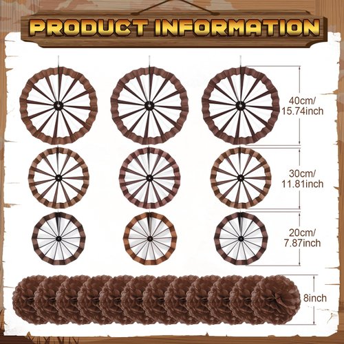 Outus 21 Pcs Western Party Hanging Decoration Wagon Wheel Paper Fans Brown Paper Pom Poms Country Western Hanging Fans Tissue Paper Flower for Wild Western Cowboy Themed Birthday Party Supplies Decor
