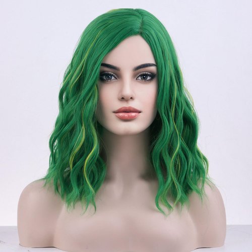 BERON Green Wig Short Wave Bob Wig Green Short Curly Wig Mix Green Wigs for Women Girls Wig Cap Include