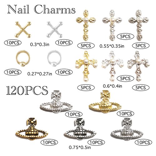 XIYONALI 120PCS Planet Cross 3D Nail Charms for Acrylic Nails, Gold Silver Nail Gems Alloy Nail Accessories, Nail Rhinestones for Nail Art Supplies Manicure Craft DIY