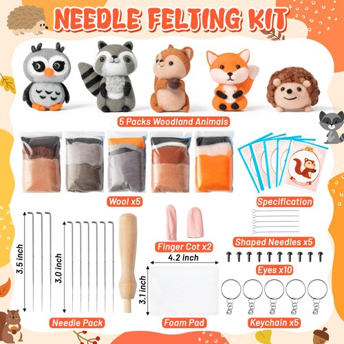 WATINC Set of 5 Woodland Wool Needle Felting Kit, Fox Owl Hedgehog Squirrel Raccoon Animal Doll Wool Felt Needle Felting Tools Foam Pad, DIY Needle Felting Craft Party Supplies for Beginners