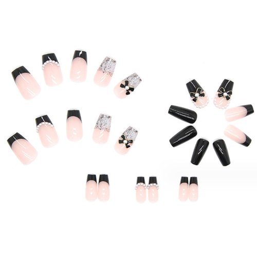 Hkanlre Bow Tie Press on Nails Black Coffin Fake Nails Tips Full Cover Pearl False Nails for Women and Girls 24PCS
