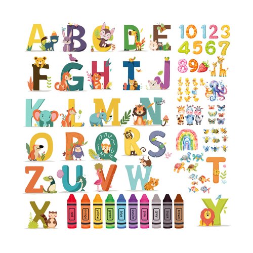 Alphabet Numbers Colour Decals with Animals, Crayon Pattern Kids Room Decor Wall Decals Peel and Stick ABC Wall Stickers Classroom Baby Room Decor Educational Bedroom Nursery