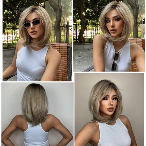 FUHSI Blonde Wigs for Women Ombre Light Blonde Wig with Bangs Layered Middle Length Synthetic Wig Dark Roots Hair for Daily Party