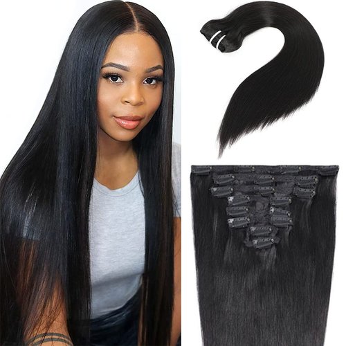 Straight Clip In Hair Extensions for Black Women 14 Inches Clip In Human Hair Unprocessed 10A Grade Soft Silky Human Hair Natural Color Clip Ins