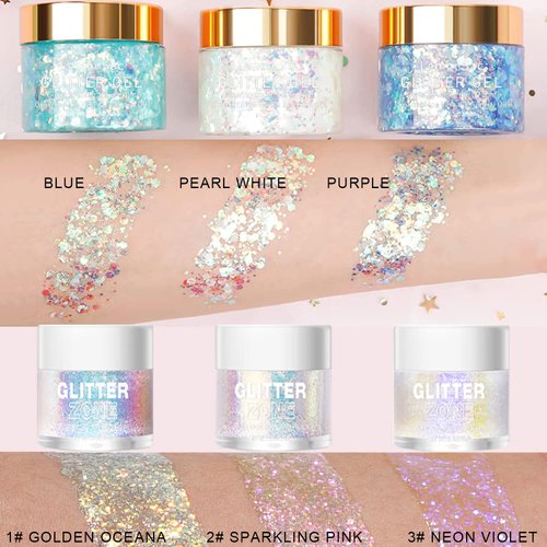 LemonSac Holographic Body Glitter Gel for Body, Face, Hair and Lip Glitter Makeup. Color Changing Glitter Gel Under Light with a Non Color Changing Glitter Gel (3# Neon Violet+Purple)