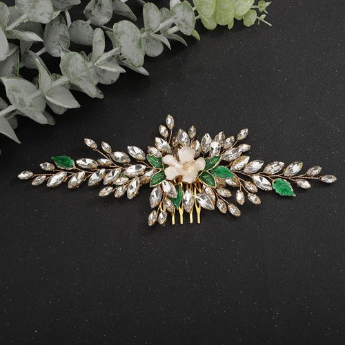 Teyglen Crystal Bride Wedding Hair Comb Bridal Flower Hair Comb Headband Handmade Rhinestone Green Leaf Headpieces Gold Hair Pieces Hair Jewelry for Women Flower Girls