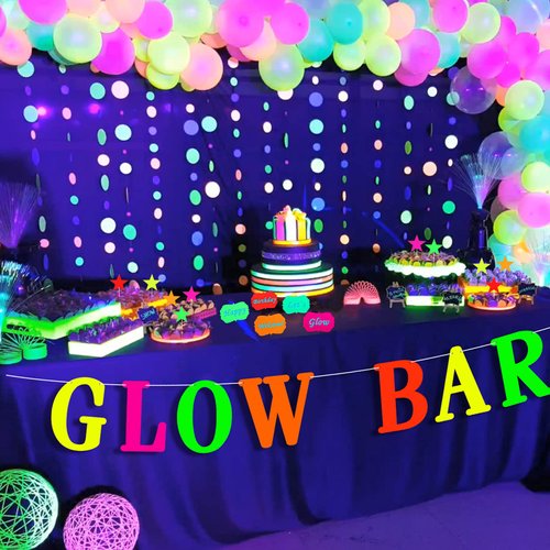 Glow Neon Party Supplies Glow Bar Banner Fluorescent Balloons Yellow Happy Birthday Cake Toppers Star Cupcake Toppers Fluorescent Table Tent Cards for Glow Birthday Party