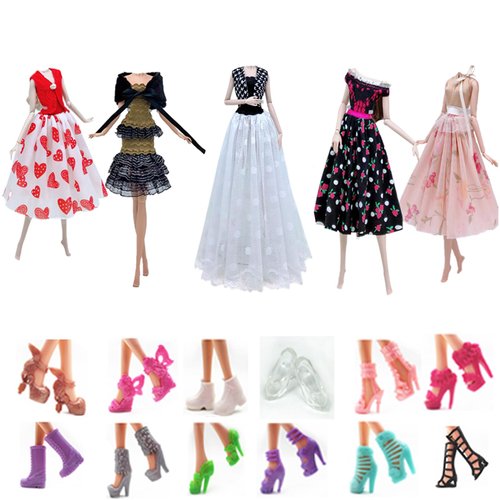 Fashion Doll Clothes Dress and Accessories 5 Sets Doll Dress Outfits + 12 Pairs Random Style Shoes for 11.5" Girl Dolls (Style D)