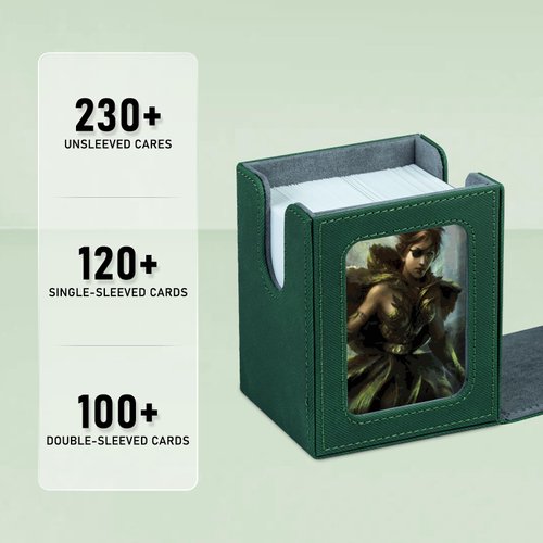 Infinity Guard Card Deck Box for MTG with Commander Display for 100+ Double Sleeved Cards, Magnetic Card Storage Box Fits for TCG Sports Trading Cards (Green&Grey)