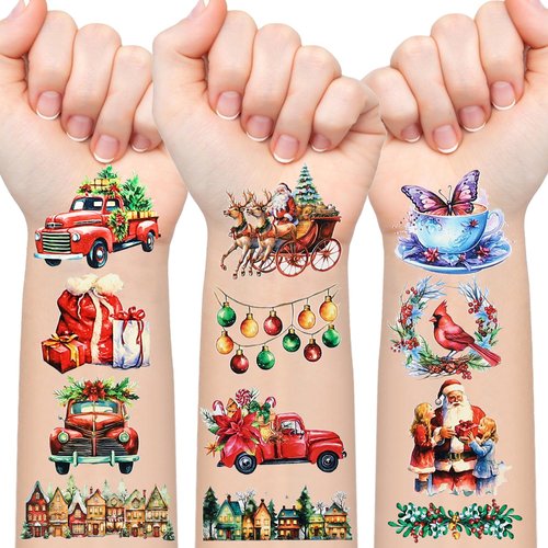 Christmas Temporary Tattoos for Kids Stocking Stuffers, 10 Sheets Christmas Decorations Tattoos Stickers for Boys and Girls, Xmas Tattoos for Christmas Party Favor Xmas Gift Bags Stuffers