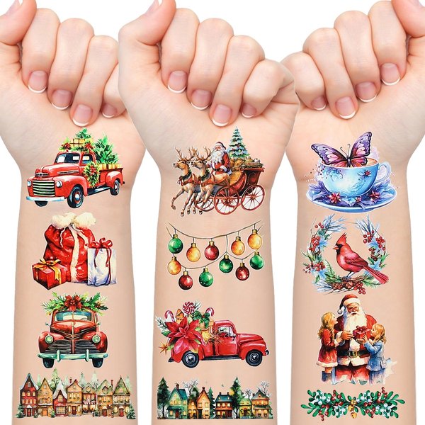 Christmas Temporary Tattoos for Kids Stocking Stuffers, 10 Sheets Christmas Decorations Tattoos Stickers for Boys and Girls, Xmas Tattoos for Christmas Party Favor Xmas Gift Bags Stuffers