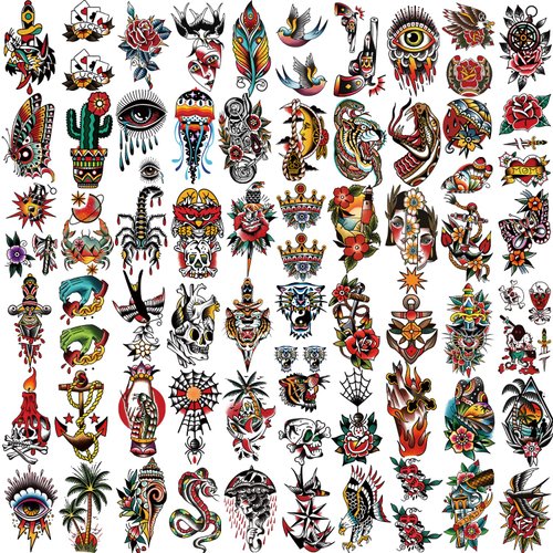 Yazhiji 77sheets Waterproof Temporary Tattoos，Old School Tattoo，Sailor Jerry Style Vintage Classical Fake Tattoo, American Traditional Flower Rose Arm Stickers for Women Men Adults Kids