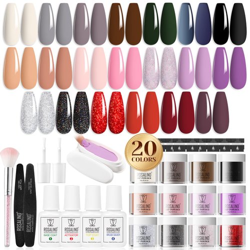 ROSALIND 29PCS Dip Nails Powder Starter Kit, 20 Colors Dip Powder Nail Kit Red Pink Black Glitter...