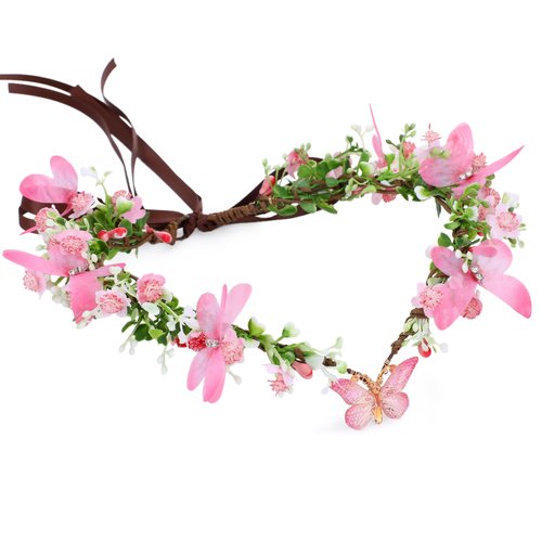 MOSTORY Pink Elf Flower Crown - Handmade Butterfly Fairy Headpiece Floral Circlet Woodland Tiara for Renaissance Renfaire Spring Wedding Fairy Costume Women Cosplay