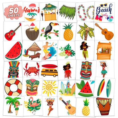 EMOME 50 Individually Wrapped Sheets Hawaiian Kids Tattoos Luau Pool Party Decorations, Beach Tattoos Stickers for Beach Themed Decor, Water Tattoos for Kids Goody Bag Stuffers