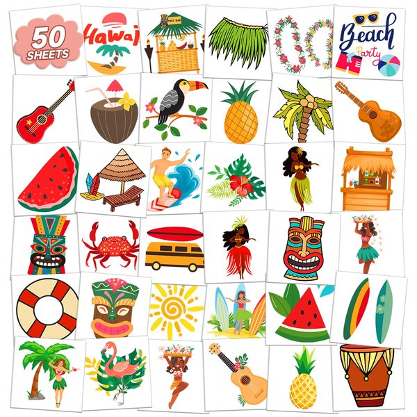 EMOME 50 Individually Wrapped Sheets Hawaiian Kids Tattoos Luau Pool Party Decorations, Beach Tattoos Stickers for Beach Themed Decor, Water Tattoos for Kids Goody Bag Stuffers