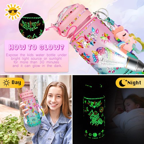 Glow in The Dark Decorate Your Own Water Bottle Kit,Unicorn Toy Gift for 4-6-8-10-12 Year Old Girl,Craft Toy for Age 3 4 5 6 7 8 9 10 Girl,Kid Teen Water Bottle Sticker for School Christmas Birthday