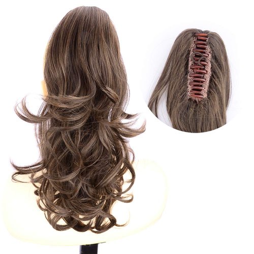 DIGUAN 13 Inches Ombre Claw Clip In Wavy Loose curly Synthetic Wrap Around Ponytail Extensions Short Pony Tail Clip In Extensions for Women Girl 4oz/115g (Copper Brown)