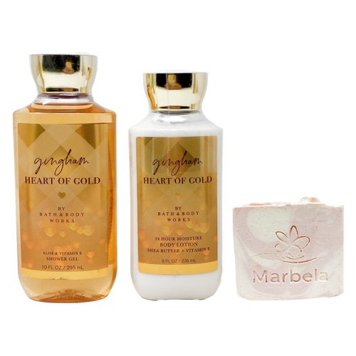 Bath & Body Works Gingham Heart Of Gold - Duo Gift Set - Shower Gel and Body Lotion With a Himalayan Salts Springs Bar Soap.
