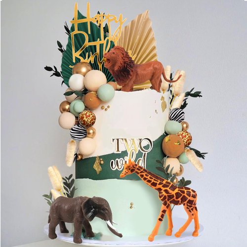 Safari Animal Cake Toppers Lion Giraffe Elephant Decorations Green Ball Boho Grass for Wild Animals Themed Birthday Party Jungle Party Supplies