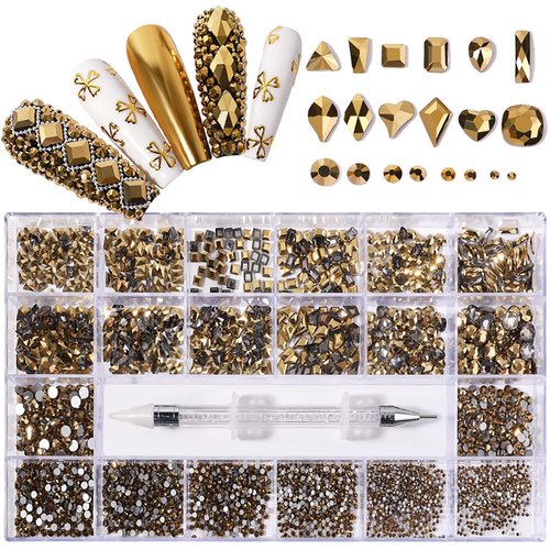 Yzzseven 12 Types of 600 Diamonds +2500 Flat Rhinestones Mix 20 Styles Flatback Rhinestone Crystals 3D Decorations Flat Back Stones Gems Set for for Nail Art DIY|（Mined Gold）