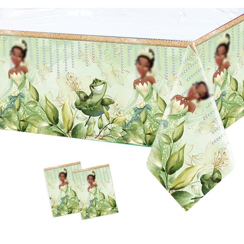 Princess Tablecloth Green Floral Birthday Party Table Covers Princess and Frog Girls Birthday Party Decorations Supplies 70.8 x 42.5 in (2)