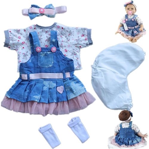 Reborn Baby Dolls Clothes for 17-22 inch Girl Outfits Accesories 【Denim Skirt 5pcs Set 】