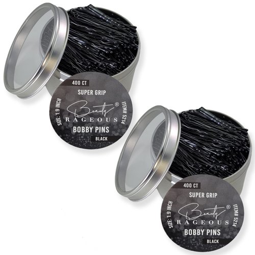 Super Grip Bobby Pins - Black (Approx. 400 Count | 2 Pack | 800 Total) - Womens Bobby Pins 1.9 Inch - Easy, Secure, All Hair Types - Handy Reusable Tin