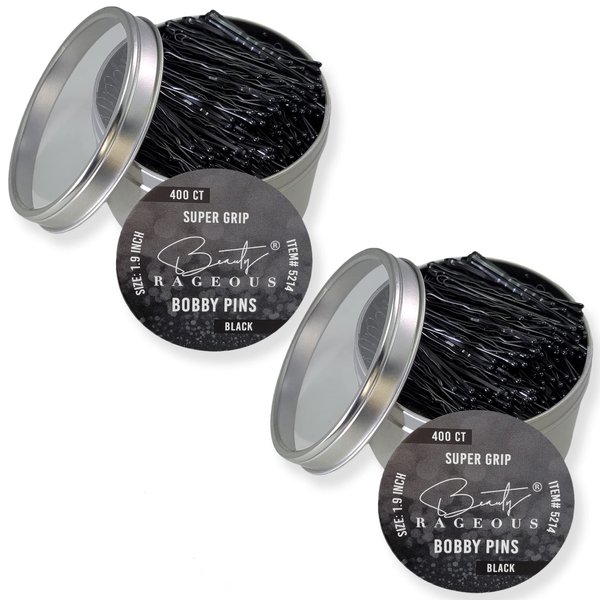 Super Grip Bobby Pins - Black (Approx. 400 Count | 2 Pack | 800 Total) - Womens Bobby Pins 1.9 Inch - Easy, Secure, All Hair Types - Handy Reusable Tin