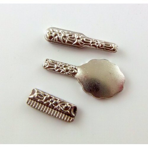 Dolls House Dressing Table Set Mirror Brush Comb Silver
