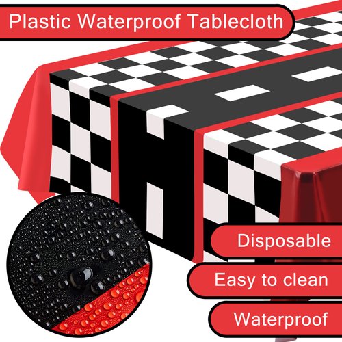 3pcs Race Car Tablecloth, Car Theme Birthday Decorations Supplies, Plastic Road Tablecloth, Rectangular Racetrack Tablecloth, Checkered Racetrack Table Runner TableCovers for Kids, 54 x 108 Inch