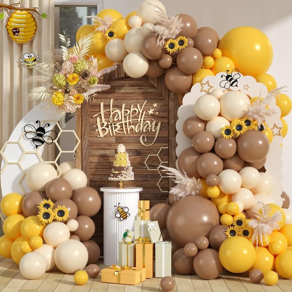 Bee Balloon Arch Kit,Yellow Sand White Brown Sunflower Balloons for Kids Bee Baby Shower Decorations Bee Themed Birthday Wedding Anniversary Graduation Gender Reveal Party Supplies