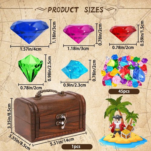YUJUN Diving Gem Pirate Toys Colorful Pool Acrylic Diamonds Pirate Treasure Chest Gold Coins with Underwater Swimming Throw Pirate Toy for Kids Birthday Summer Swimming Pool Party Favor