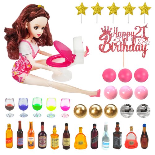 DRWATE Mini Wine Bottles Cake Toppers with 12 Mini Wine Bottles 5 Mini Wine Glasses 1 Toilet Toy 1 Beauty Doll 21st Birthday Cake Topper for Celebrating Birthday 21st Girl Party (Brown)