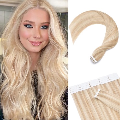 Tape in Hair Extensions Real Human Hair 20pcs 30g 100% Remy Hair Extensions of Balayage Ash Blonde Highlighted Bleach Blonde Seamless Straight Tape in Hair Extension Double Sided of 10 inch