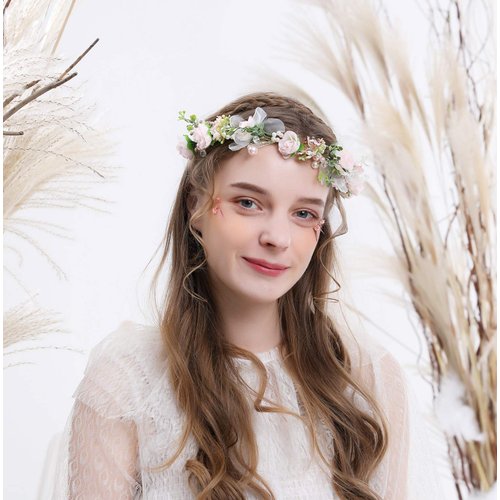 LLinfflr Pearl Flower Crown Floral Garland Headband Flower Halo Headpiece Hair Wreath Boho Photos Wedding Pink