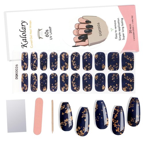 20PCS Gel Nail Polish Strips, Kalolary Blue Gold Foil Full Nail Art Wraps Waterproof Nail Art Stickers with Nail File and Stick for Women Girls Nail Decoration (UV/LED Lamp Required)