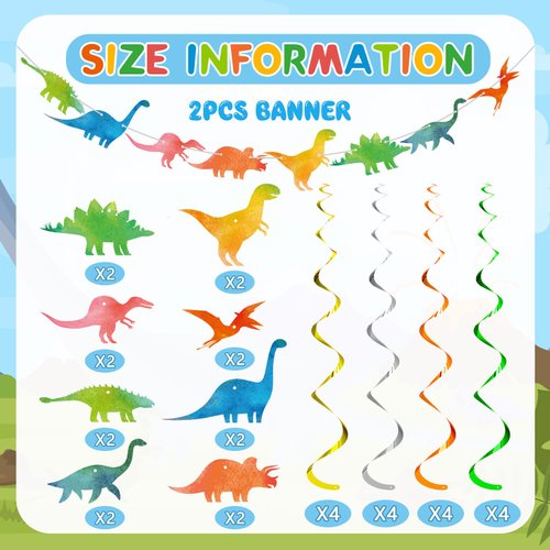 34 Pcs Watercolor Dinosaur Banner and Hanging Swirls Party Decorations Set Dinosaur Birthday Party Decorations Dino Birthday Streamers for Kids Jungle Dinosaur Party Supplies