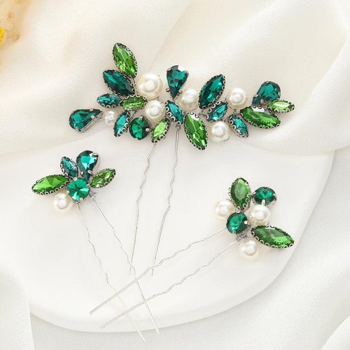 Casdre Green Rhinestone Bridal Hair Pins Silver Crystal Bride Wedding Hair Pieces Pearl Hair Accessories for Women and Girls (Pack of 3)