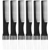 FUTAI Salon Style Hair Combs Black 6 Packs Handmade Hair Pick Barber Comb Carbon Fiber Lift Teasing Comb with Stainless Steel Metal Prong