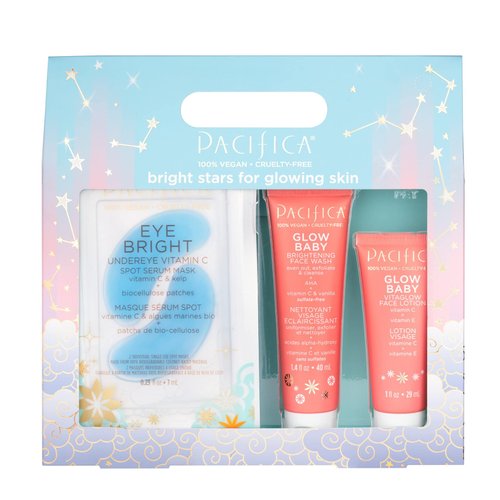 Pacifica Beauty Bright Stars for Glowing Skin, Vitamin C Trial Skin Care Kit, Eye Mask, Cleanser, Face Wash, Daily Moisturizer, Cleanse + Exfoliate for All Skin Types, Travel Size, Vegan, Orange