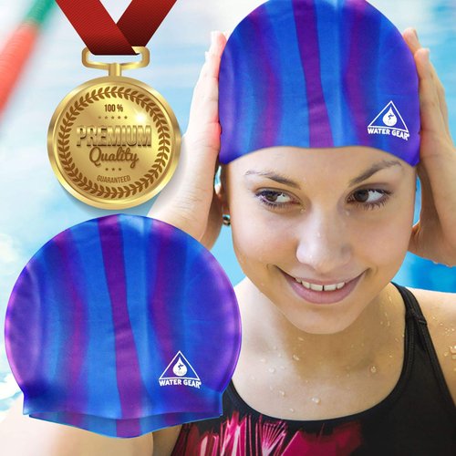 Water Gear Jazz Silicone Swim Cap - Flexible Unisex - Great for Short and Long Hair - Improve Your Performance (Blue/Purple, One Size)